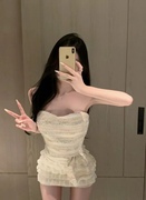 ㊣韩国24春chic女人味彩色花纹性感背心蓬蓬短裙套装