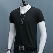莫代尔夏季薄款V领T恤男士短袖纯色紧身青年大码修身体恤打底上衣