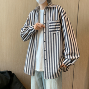 日系vintage复古黑色条纹翻领衬衫男女拼接宽松外搭长袖衬衣外套
