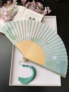 中国风扇子古风折扇夏天便携汉服，旗袍折叠古代女小荷花绿色舞蹈扇