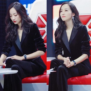 韩国春秋金丝绒西装套装女休闲时尚气质职业OL黑色西服长裤两件套