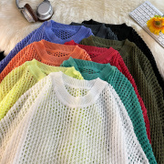秋季高级感镂空洞洞针织衫，男女设计感宽松长袖，圆领毛衣打底衫