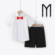 儿童短袖白衬衫黑色短裤花童礼服红领结小学生校服白衬衣演出套装