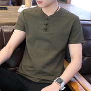 男士中国风亚麻短袖t恤韩版复古青年半袖，打底衣服潮男装棉麻体恤
