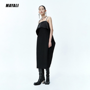 MAYALI 22AW 秋冬款女士简约黑色无袖吊带翻折长款吊带连衣裙