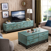美式电视柜小户型实木手绘复古做旧蓝色彩绘地中海茶几储物柜套装
