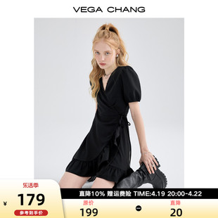 vegachang荷叶边赫本裙，子女夏装韩版设计感显瘦气质连衣裙
