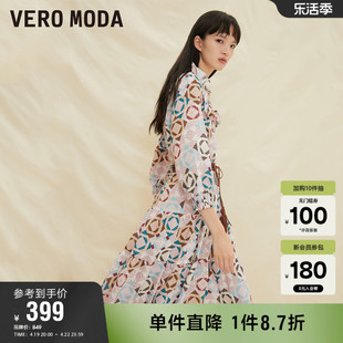 Vero Moda奥莱连衣裙子春秋娃娃领波西米亚印花七分袖女百搭