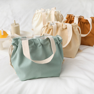 清新绿奶油咖纯色，帆布手拎小包女束口抽带收纳小包包饭盒包