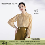bblluuee粉蓝衣橱文艺设计感衬衣女，2023秋花边，系带领宽松衬衫
