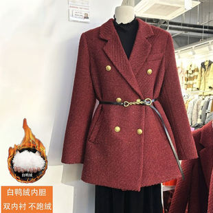 红色西装羽绒服女2023冬新年战袍宽松气质中长款小个子收腰外套潮