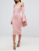 欧版裸粉色孤品一字领喇叭袖修身包臀显瘦超高个礼服连衣裙铅笔裙