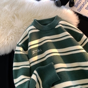 墨绿色条纹毛衣男冬季2023撞色圆领针织衫美式慵懒风线衣外套