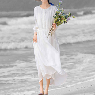 pasinoe香港高级感文艺，宽松苎麻度假拍照白色，连衣裙刺绣沙滩裙女
