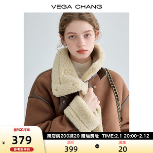 vegachang机车风仿皮毛，一体短外套女2023年冬装，加厚毛绒大衣