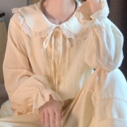 衬衫女蕾丝边娃娃领宽松日，系2022年甜美上衣米白色系绳长袖喇叭袖