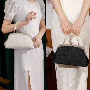 古风旗袍晚宴包包花朵珍珠手拿包链条包镶钻高级感新中式马面裙包