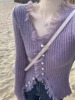紫色毛边v领毛衣女秋冬修身显瘦设计感小众，别致早秋针织开衫上衣