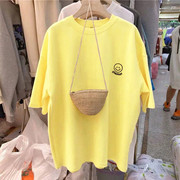 欧洲站2021夏季韩版宽松笑脸，黄色纯棉短袖t恤女学生上衣ins潮