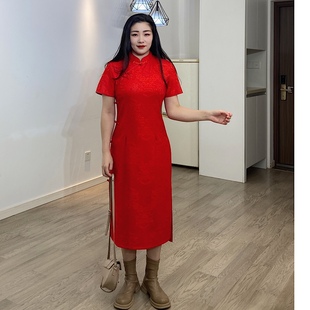 大码女装2024年新中式中国红大红色改良旗袍，敬酒服回门新娘连衣裙