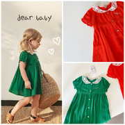 80-100码夏款女童女宝绿色，橘红色泡泡袖蕾丝领连衣裙