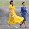 欧洲站2023早春夏凯特王妃，同款短袖黄色，麻纱优雅修身减龄连衣裙