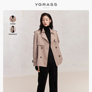 vgrass晨蔼粉色双排扣短外套，春季设计感立体剪裁英伦风衣女