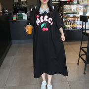 短袖女2024夏季韩国东大门蕾丝娃娃领宽松大码蝙蝠袖长款T恤裙棉
