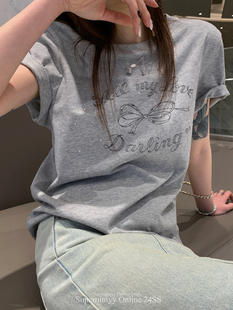superniniyymiu系时髦少女烫钻蝴蝶结，100%全棉短袖，圆领t恤打底衫