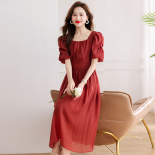 红色v领短袖连衣裙女夏季腰部抽褶显瘦设计优雅气质长裙