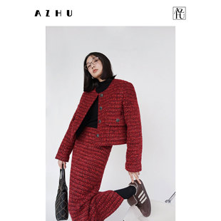 azhu阿茱粗花呢特殊纱线节日氛围，红色羊毛小香风，套装女冬两件套