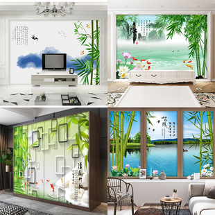 新中式荷竹风景自粘装饰电视机背景墙贴画厕所卫生间玻璃贴膜防水
