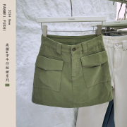 wawa军绿色牛仔短裙裤女a字，裙子2024夏季高腰显瘦包臀半身裙