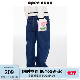 opennunu女童小花口袋，磨毛牛仔裤春秋中大童，宽松休闲直筒裤