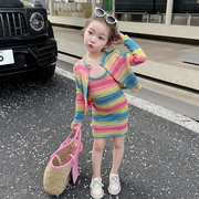 女童春季套装2024儿童时髦针织彩色条纹吊带裙宝宝春装两件套