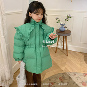 韩版儿童外套冬季新女童(新女童，)洋气大翻领，木耳边绿色收腰显瘦保暖羽绒服