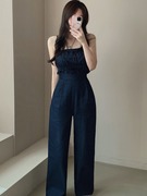 韩国chic夏季减龄复古气质百搭设计感露肩小众吊带阔腿连衣裤女