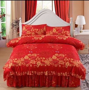 床裙四件套床上用品韩版床罩公主床裙风床套亲肤大红四季通用