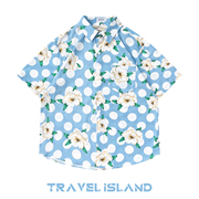 travelisland清新浅蓝色，波点花朵满印情侣，夏威夷风短袖衬衫ins