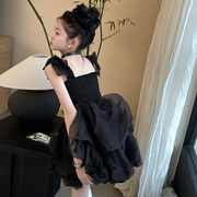 女童走秀小黑裙礼服裙纱裙，2024夏季儿童裙子，蓬蓬裙无袖公主裙