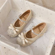 女童珍珠亮片公主鞋，2024春秋儿童皮鞋，平跟软底韩版演出水晶鞋