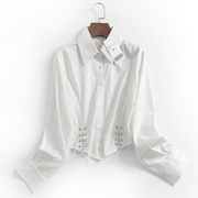 j731白色衬衫女长袖，修身短款系带衬衣，韩版不规则下摆显瘦百搭衬衣