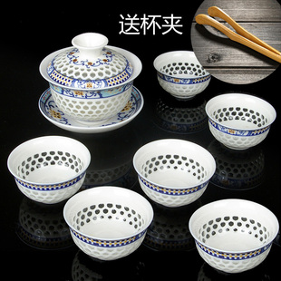 冰晶蜂巢玲珑陶瓷茶具整套镂空青花金线功夫，茶碗盖碗茶杯套装
