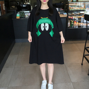 2024夏季韩国东大门卡通宽松大码中长款蝙蝠，袖短袖t恤裙连衣裙女