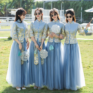 中式伴娘服女2023冬季姐妹团装礼服小众高级感国风蓝色伴娘裙