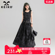 keiko酷飒新中式扎染黑色连衣裙夏季铆钉，饰系带显瘦大u领背心长裙
