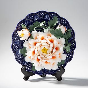 牡丹花德化陶瓷花盘艺术，花卉纯手e工工艺，挂盘客厅创意装饰摆