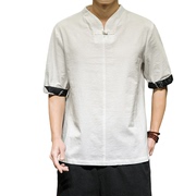 亚麻短袖t恤男中国风汉服棉麻，上衣夏季宽松体恤，纯色打底衫半袖男