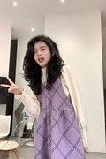 bellamuseum紫色无袖背心裙女秋冬设计感包扣格纹v领连衣裙