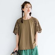日系女士短袖蕾丝镂空半袖夏季T恤宽松版有大码五分袖T292